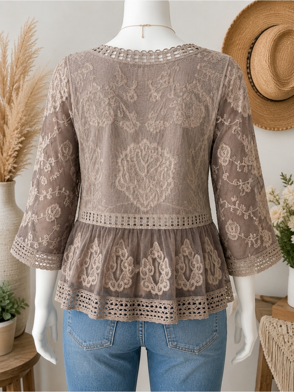 Embroidered Boho Peplum Top S Taupe Lace Mesh Cottagecore - Picture 2 of 12